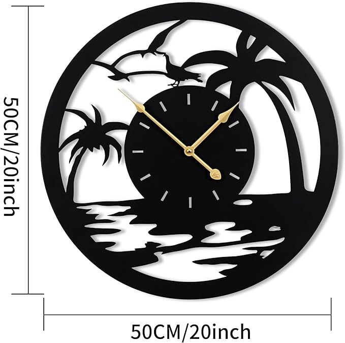 20inches/50cm Wall Clocks Palm Tree Battery Powered No Ticking Silent Round Black Modern Unique Metal Wall Clocks Suitable Living Room Kitchen Bedroom Fireplace Office Farmhouse。-Ruum Studio Home