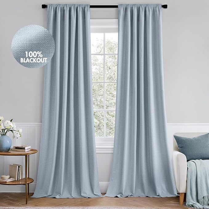 MIULEE 100% Blackout Curtains 90 Inch Long 2 Panels Set for Bedroom, Thick Faux Linen Black Out Curtain Room Darkening Back Tab Pleat Window Textured Drapes with Hooks for Living Room, Chambray Blue-Ruum Studio Home