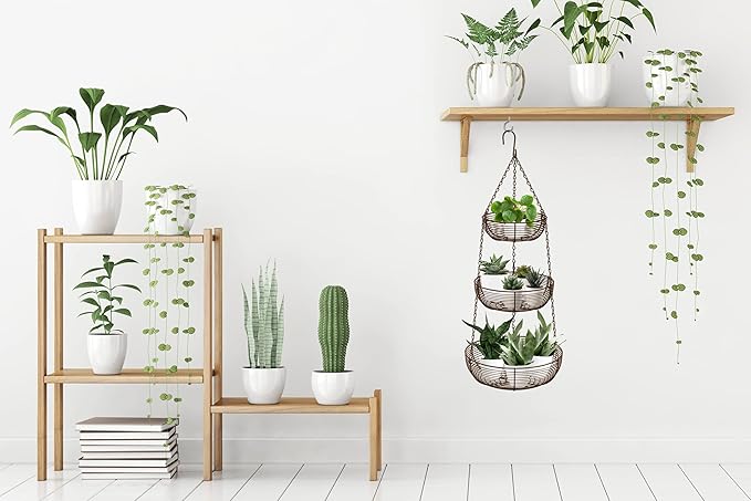 CAXXA 3-Tier Hanging Basket Fruit Organizer Kitchen Heavy Duty Wire Organizer with 2 Free Bonus Metal Ceiling Hooks(Bronze)-Ruum Studio Home