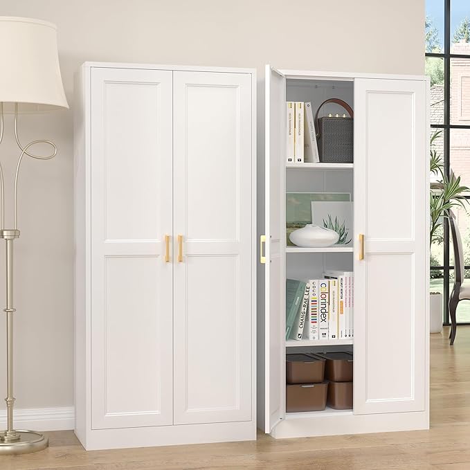 Kitchen Cabinet Storage,60”Metal Pantry Cabinet with Doors and 3 Adjustable Shelves,Food Pantry Cabinets with 2 Gold Handles,White Tall Storage Cabinet for Livingroom,Pantry,Bathroom,Kitchen-Ruum Studio Home