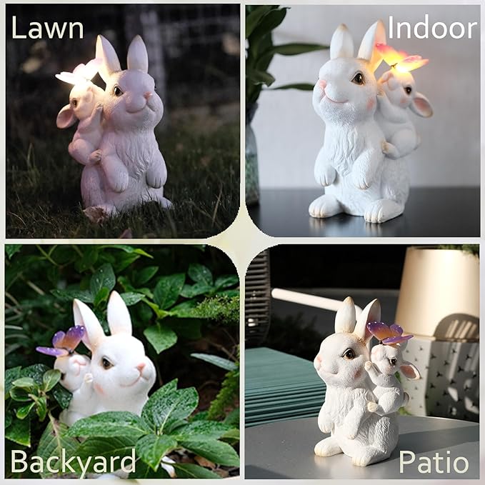Solar Garden Statues Rabbit with Solar Lights,Mother&Baby Bunny Figurine with Butterfly Changing Lights for Yard Art Garden&Patio Decor,Unique Easter&Birthday Gifts for Women Mom Grandma-Ruum Studio Home