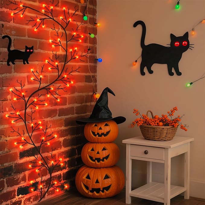 7 Ft Halloween Decorations Willow Vine Twig Garland with 8 Modes Timer 63 LED Orange Lights, Halloween Garland with Waterproof Battery Operated for Wall Fireplace Decorations Indoor Outdoor-Ruum Studio Home