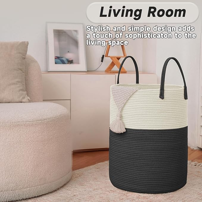Large Woven Laundry Basket Hamper,60L Cotton Rope Storage Bin for Blankets,Toys and Clothes,Decorative Tall Nursery Hamper for Living Room,Baby Nursery,Bathroom and Bedroom,White and Black-Ruum Studio Home