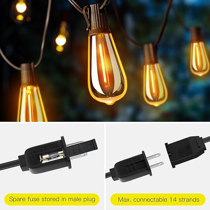 OHLUX Bistro String Lights Outdoor, 60FT Deck Lights with 32 Shatterproof ST38 Vintage Edison Bulbs, 2200K Warm Dimmable Connectable LED Light String for Outside Porch Yard Gazebos Balcony Garden-Ruum Studio Home