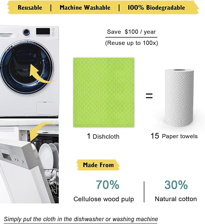Swedish Dishcloths for Kitchen | 6 Pack Dish Towels Cellulose Sponge Cloths | Non-Scratch Reusable Paper Towels Washable | No Odor Fast Drying Swedish Cloths, Multicolor-Ruum Studio Home