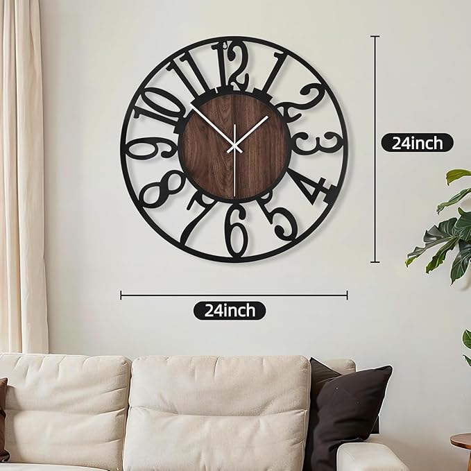 Maxstar Large Round Wall Clock for Living Room Decor Battery Operated Non Ticking Black Metal Wood Clocks for Home Living Room Garden Farmhouse Office Kitchen Decoration -24 inch-Ruum Studio Home