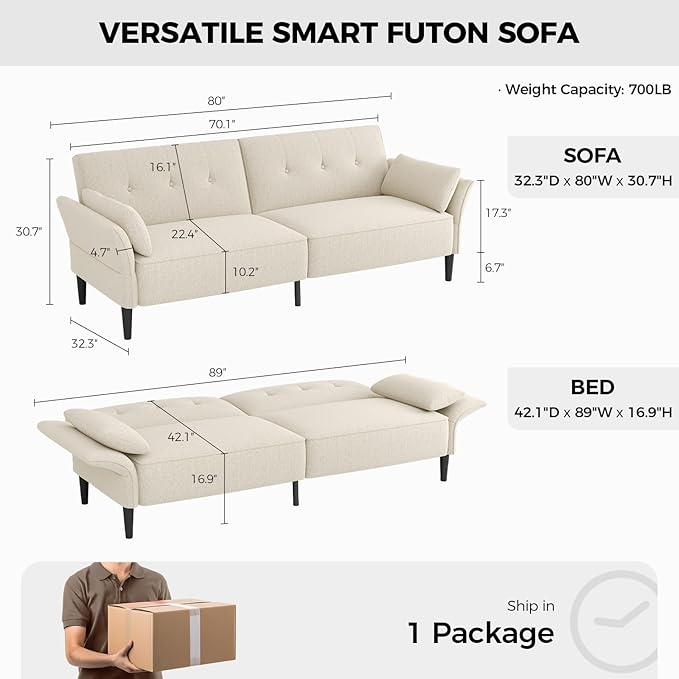 89” Futon Sofa Bed, Linen Comfy Futon Couch Bed with 2 Square Pillows, Convertible Sleeper Sofa with Adjustable Backrest& Armrests, Modern Loveseat Sleeper for Living Room, Bedroom, White-Ruum Studio Home