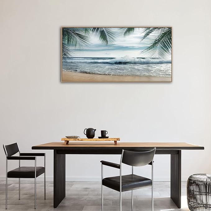 Framed Tropical Beach Wall Art - Ocean Waves Canvas Pictures Coastal Blue Sky and Sea Print Seaside Palm Tree Leaves Scene Painting Artwork Living Room Bedroom Office Home Decor 24" x 48"-Ruum Studio Home