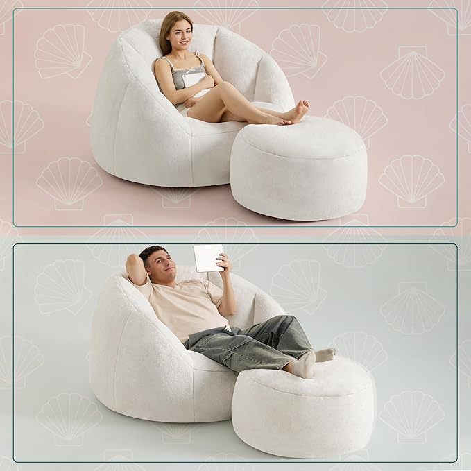 Giant Bean Bag Swivel Chair for Adults - Comfy Plush Round Shell Soft Accent Chaise Lounge Indoor Chair, Oversized Cozy Floor Sofa for Living Room, Bedroom & Game Rooms, Beige-Ruum Studio Home
