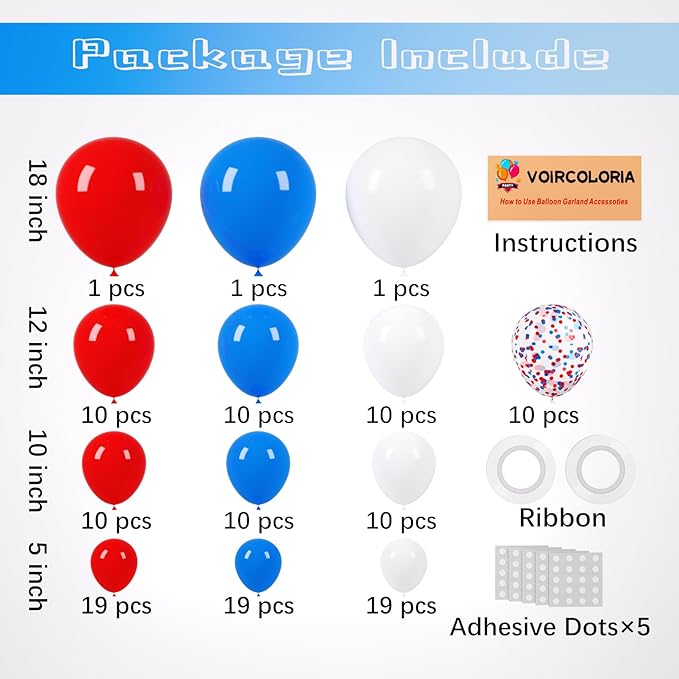 130pcs Red White Blue Balloons Different Sizes 18" 12" 10" 5" Party Latex Balloons for Birthday Graduation 4th of July Independence Day Anniversary New Year Holiday Party Decorations-Ruum Studio Home