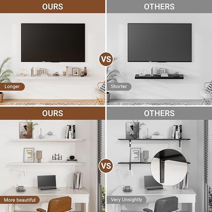 Heimlove 55 Inch Long Floating Shelves for Wall,9.3" Deep White Floating Shelves Set of 2,Large Display Shelf & Storage Shelf,Wall Mounted Shelves for Bedroom Living Room Kitchen Office-Ruum Studio Home