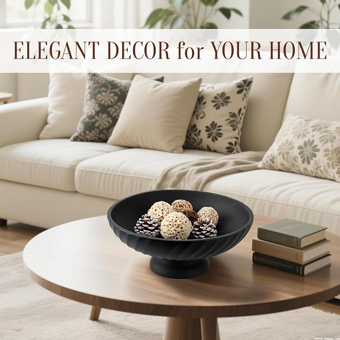 Large Resin Pedestal Decorative Bowl - Modern Fruit Bowl for Kitchen Counter - Handicraft Bowls for Home Decor - Key Bowl for Entry Table,Matte Black-Ruum Studio Home