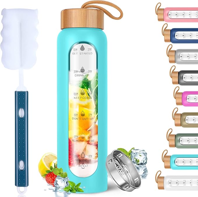 Aqulea Glass Water Bottles 32 Oz with Silicone Sleeve - BPA Free Reusable Wide Mouth Glass Motivational Water Bottles with Fruit Infuser – Leak Proof Borosilicate Water Bottle with Time Marker (Teal)-Ruum Studio Home