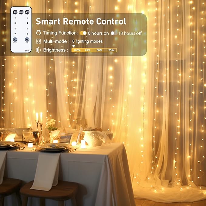 JMEXSUSS 900 LED Outdoor Christmas Curtain Lights, 9.5x29.5ft Christmas Lights Plug in with Remote, Twinkle Hanging String Light for Bedroom Wall Wedding Backdrop Window Gazebo Decor, Warm White-Ruum Studio Home
