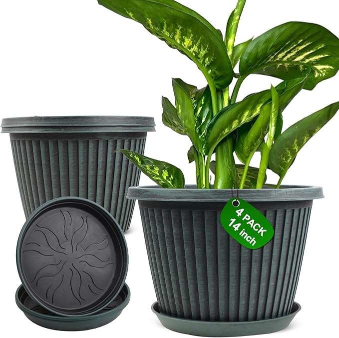 Large-Planter-Indoor-Outdoor Plant Pots, 14 inch 4 Pack Plastic Flower Pots with Saucer And Drainage Holes, Modern Garden Planters For Planting Medium Large Plants， Decorative Resin Garden Pots-Ruum Studio Home