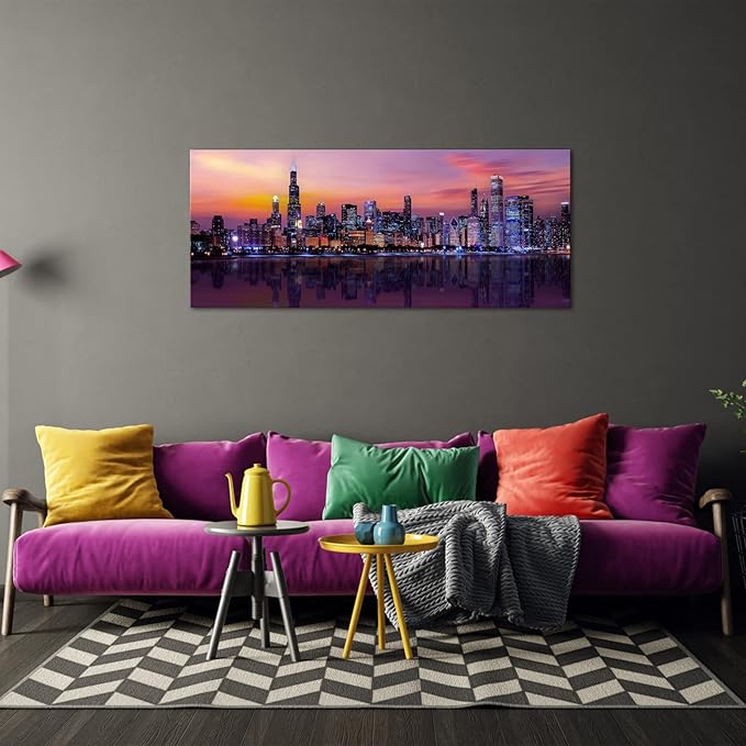 Fochorlo Large Chicago Canvas Modern City Skyline Wall Art Downtown Night Picture Prints Ready To Hang 20"X48"-Ruum Studio Home