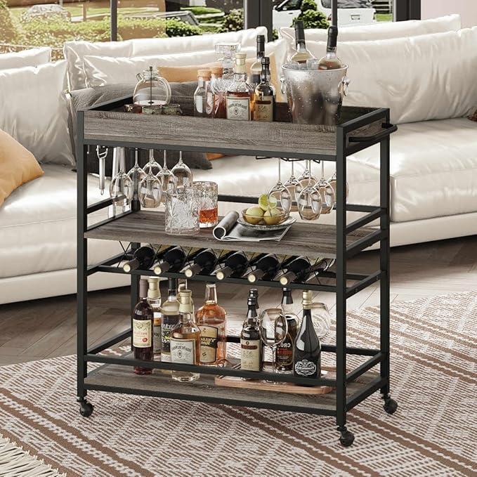 BON AUGURE Bar Cart, Home Bar Serving Cart on Wheels, Mobile 3 Tier Liquor Beverage Carts with Wine Rack and Glass Holder (Grey Oak)-Ruum Studio Home