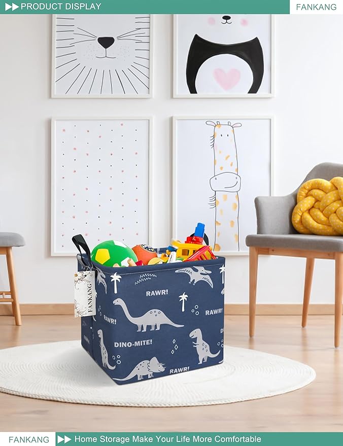FANKANG Square Nursery Hamper Storage Bins Canvas Laundry Basket Foldable with Waterproof PE Coating Storage Baskets Gift Baskets for Children, Office, Bedroom, Clothes（Square-Blue dinosaur ）-Ruum Studio Home