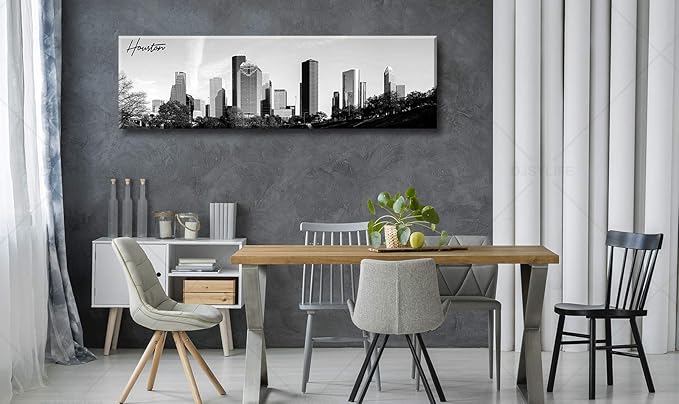 Black and White Wall Art Houston Skyline Canvas Print Picture Panoramic Cityscape Poster Decoration for Bedroom Office Home Decor Framed and Ready to Hang, 13.8"x47.3"-Ruum Studio Home
