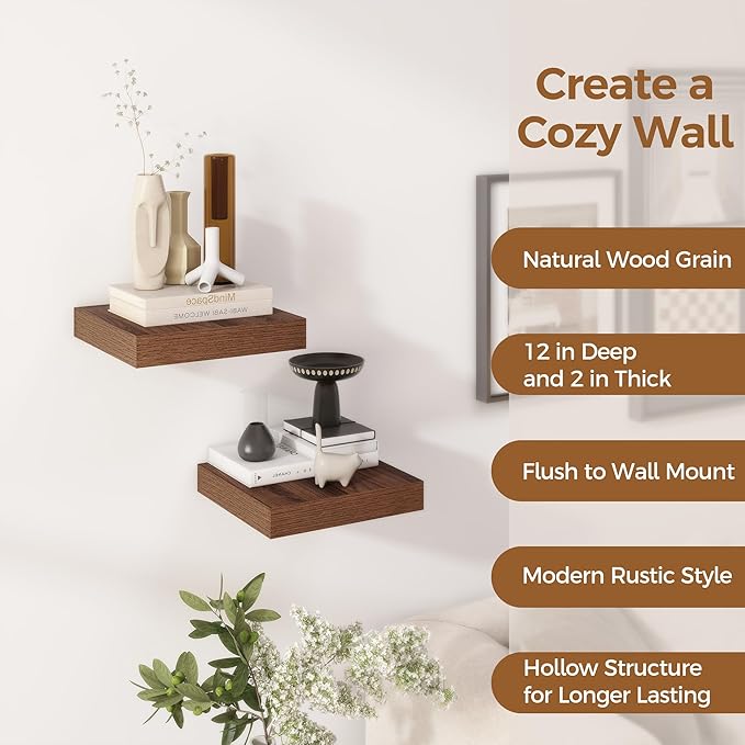 Fun Memories 12 Inch Floating Shelf, Rustic Wood Wall Shelves for Wall Decor & Storage, 12 x 12 Floating Shelf for Living Room, Bathroom, Bedroom, Walnut, Set of 2-Ruum Studio Home