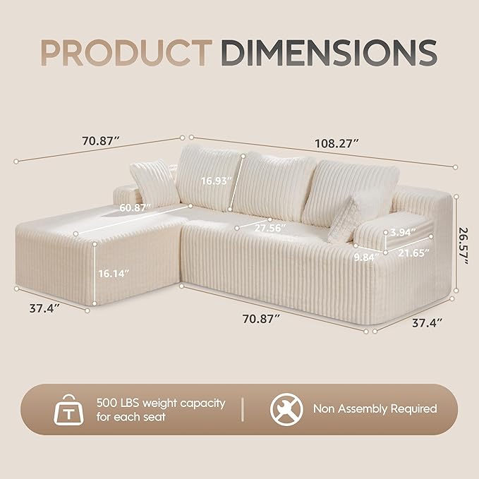 Hobestluk Modular Sectional Sofa Couches 108" L-Shape Couch 3 Seat Modular Sofa Memory Foam Sectional Couches for Living Room, Boneless Couch with Oversized Chaise (White, Left Facing)-Ruum Studio Home
