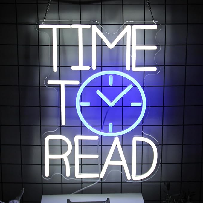 Time To Read Neon Sign Read Books Neon Light White Letter LED Signs Blue Clock Neon Read Light Up Sign for Bedroom Classroom Library Reading Corner Bookstore Decor-Ruum Studio Home