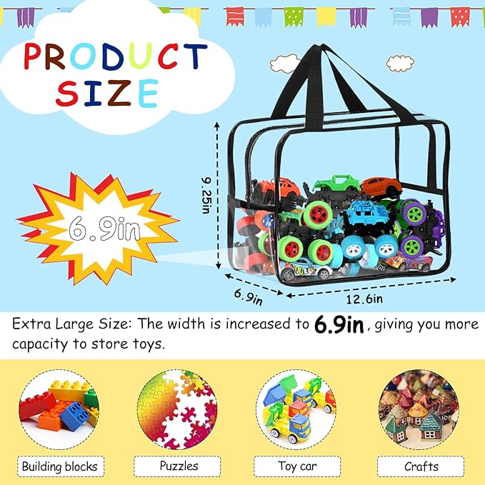 6 Packs Widen X-Large Toy Storage Bags 12.6×9.25×6.9In with Labels, Reusable Clear PVC Board Game Storage, Travel Waterproof Organizer Bags with Zipper for Building Blocks, Puzzle, Stuffed Animals-Ruum Studio Home