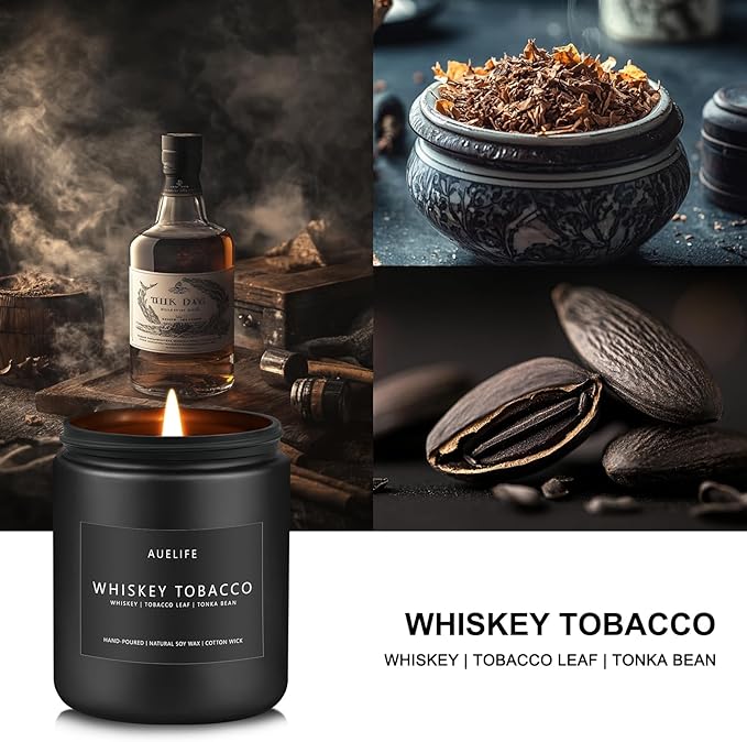Whiskey Tobacco Candle | Masculine Candles for Men, Soy Candles for Home Scented, Manly Gifts Tobacco Candle for Home - Gifts for Men, 7oz Black Jar-Ruum Studio Home