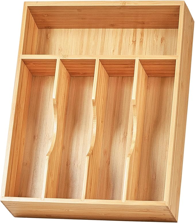 Umilife Kitchen Drawer Organizer, 10 Inch Silverware Utensil Tray Holder, Extra Deep, with Non-Slip Feet & Grooved Drawer Divider, 5 Slots Total Bamboo Wood Caddy for Flatware Cutlery Knives-Ruum Studio Home