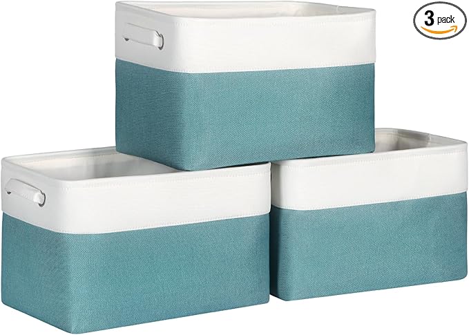 Kntiwiwo Foldable Storage Bins 15" x 10" x 9.5" Fabric Storage Basket Cube with Handles Large Linen Closet Organizer Bins for Organizing Shelf Home, Set of 3, Teal-Ruum Studio Home