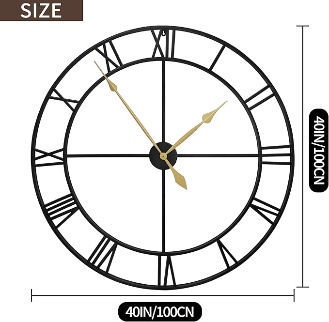 LEIKE 40 Inch Extra Large Modern Wall Clock, Oversize Rustic Round Nearly Silent Battery Operated, Black Metal Roman Numerals Wall Clocks for Living Room, Bedroom, Entrance Home Decor-Ruum Studio Home