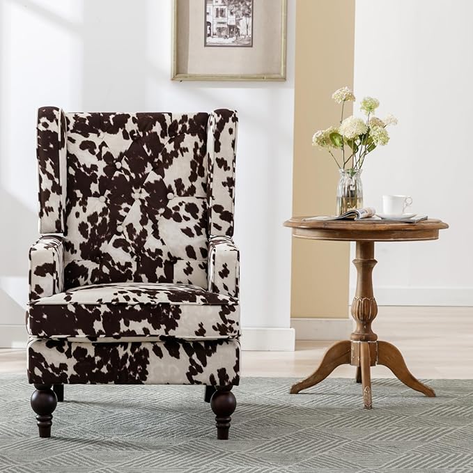 Mid-Century Accent Chair, Upholstered Arm Chair Linen Fabric Side Chair with High Back Solid Wooden Legs, Comfy Reading Chair for Living Room Bedroom, Milk Cow-Ruum Studio Home