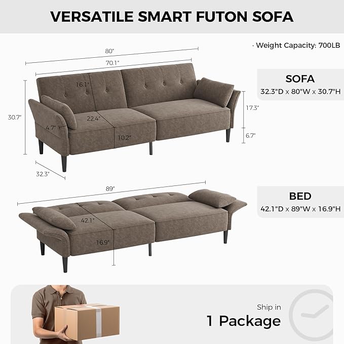 89” Futon Sofa Bed, Comfy Futon Couch Bed with 2 Square Pillows, Convertible Sleeper Sofa with Adjustable Backrest& Armrests, Modern Loveseat Sleeper for Living Room, Bedroom, Light Brown-Ruum Studio Home