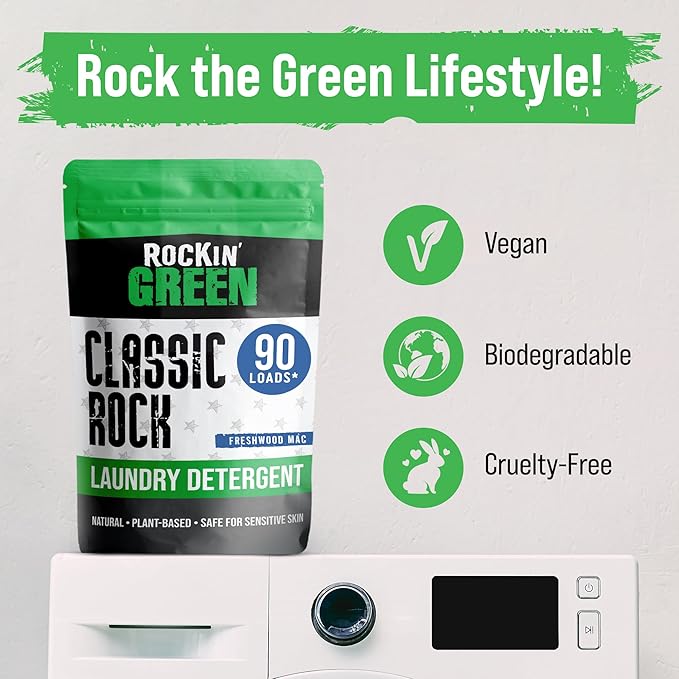 Rockin' Green Classic Rock Laundry Detergent (90 Loads), Plant based, All Natural Laundry Detergent Powder, Vegan and Biodegradable Odor Fighter, Safe for Sensitive Skin, 45 oz (Freshwood Mac)-Ruum Studio Home