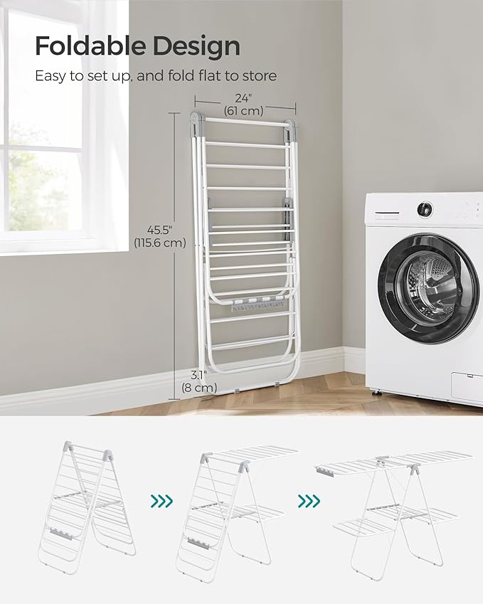 SONGMICS Clothes Drying Rack, Foldable 2-Level Laundry Drying Rack, Free-Standing Laundry Airer, with Height-Adjustable Wings, 33 Drying Rails, Sock Clips, White and Gray ULLR053G01V1-Ruum Studio Home