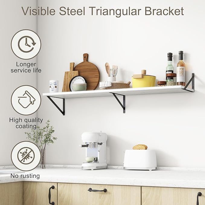 12 Inch Deep Floating Shelves, White Floating Shelves 48W x 12D, Deep Wall Shelves Bracket Set of 2, Large Display Hanging Floating Shelf for Bathroom, Living Room, Wide Storage Wooden Wall Shelf-Ruum Studio Home