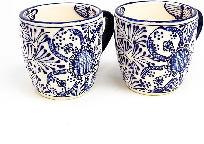 Encantada Handmade Hand-Painted Authentic Mexican Pottery Mugs (1-Pack, Cobalt Blue Flower)-Ruum Studio Home