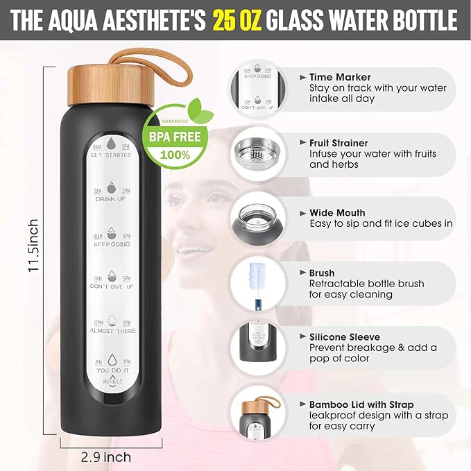 Aqulea Glass Water Bottles 25 Oz with Silicone Sleeve - BPA Free Reusable Wide Mouth Glass Motivational Water Bottles with Fruit Infuser – Leak Proof Borosilicate Water Bottle with Time Marker (Black)-Ruum Studio Home