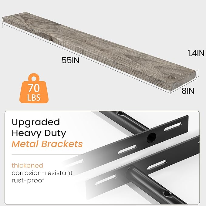 Fun Memories Floating Shelves for Wall Dec, 55"x8" Rustic Reclaimed Wood Shelves, Heavy-Duty Wall Mounted Shelves with Invisible Brackets for Living Room, Bedroom, Kitchen, Grey Finish-Ruum Studio Home