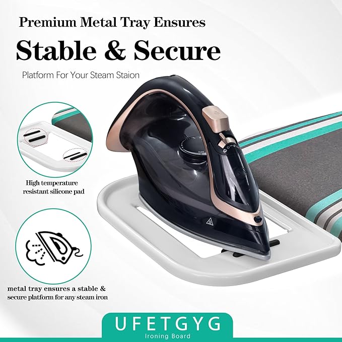 Ironing Board,Full Metal Construction| Height Adjustable, 43" X 13" W/with Iron Rest Heat & Scorch Resistant Fabric, Anti-Skid Feet, Heavy Duty| Easy to Fold-Ruum Studio Home