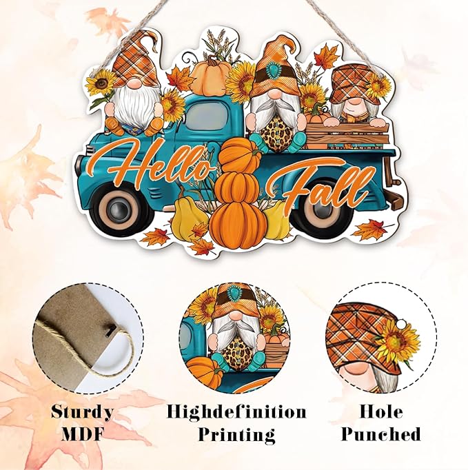 Hello Fall, Wood Hanging Gnome Decoration, Hello Fall Wood Hanging Decors, Rustic Thanksgiving Decors for Porch, Indoor Outdoor Autumn Door Decor(Truck), Housewarming Gift, Home Indoor Outdoor Decor-Ruum Studio Home