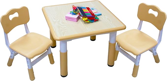 Kids Table and 2 Chairs Set with Graffiti Desktop, Toddler Furniture Set, Non-Slip Table Children Study Desk, Dining Table, Height Adjustable Desk, Painting Desktop for Kids (23.6x23.6Inch)-Ruum Studio Home