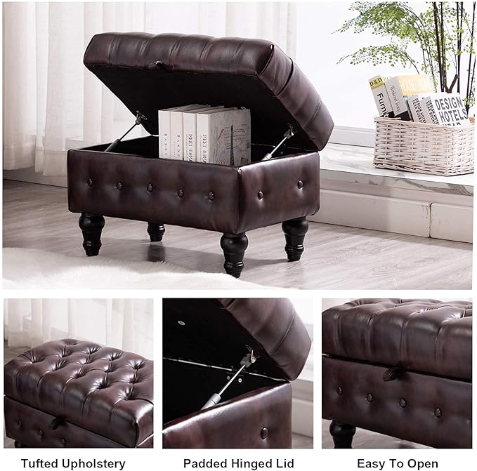Artechworks Coffee Table Ottoman with Storage,Button Tufted PU Leather Upholstery Footstool Bed Ottoman for Living Room, Home Office, Space-Saving Storage Toy Box Stool, Brown-Ruum Studio Home