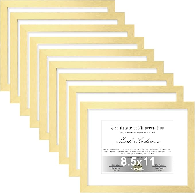 Vittanly 8.5x11 Picture Frames Set of 9, Shatter Resistant Plexiglass, Display 6x8 Pictures with Mat or 8.5x11 without Mat, Photo Frames for Wall or Tabletop, Engineered Wood, Gold-Ruum Studio Home