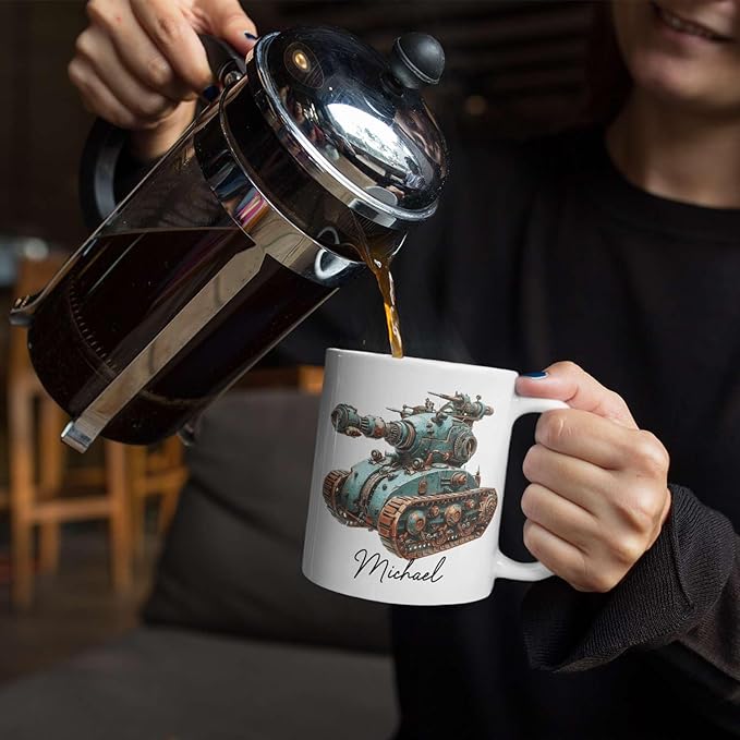 Personalized Unique Steampunk Tank Design Mug, Custom Mechanical Tank Art Coffee Cup 11oz, White Mug Gift For Mechanic Enthusiasts, Custom Name Ceramic Cup 11oz Or 15oz, Kids Mug-Ruum Studio Home