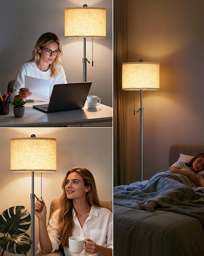 Floor Lamp for Living Room - Adjustable Height Standing Lamp with Marble Base & Linen Shade - Tall Pole Floor Light with 3 Color Temperatures Bulb for Bedroom, Reading - Easy Assembly-Ruum Studio Home
