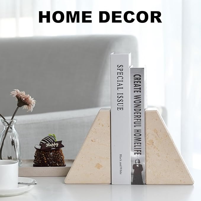 Marble Bookends for Heavy Books, Decorative Book Ends for Shelves, Beige Stone Durable and Heavy-Duty Book Ends for Hardback Books & CDS, Unique Book Stopper & Holder, Set of 2-Ruum Studio Home