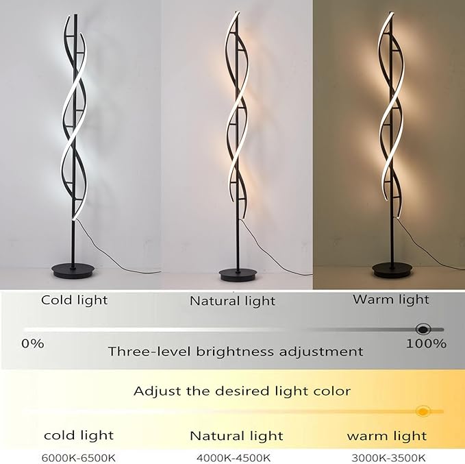 Unique Spiral Floor Lamp 3 Color Dimmable with Remote Standing Floor Lamp, Modern Creative Tall Lamp Control for Living Room Bedroom and Office Black-Ruum Studio Home