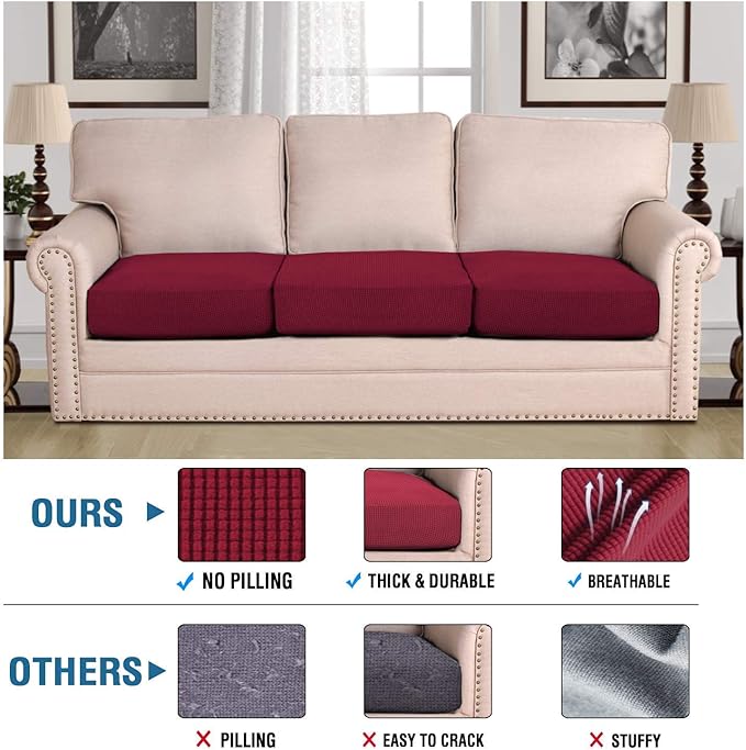H.VERSAILTEX Super Stretch Individual Seat Cushion Covers - Sofa & Couch Cushion Slipcover Sets - Thick Jacquard Textured Twill Fabric (3 Piece XL Sofa Cushion Covers, Burgundy Red)-Ruum Studio Home