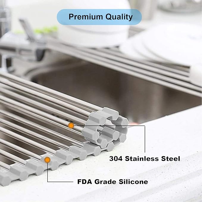 Searik Roll up Dish Drying Rack, Over The Sink Rolling Dish Drainer Rack Multipurpose Foldable Kitchen Stainless Steel Dish Rack Sink Drying Rack for Kitchen Sink Counter (17"x 15.7")-Ruum Studio Home